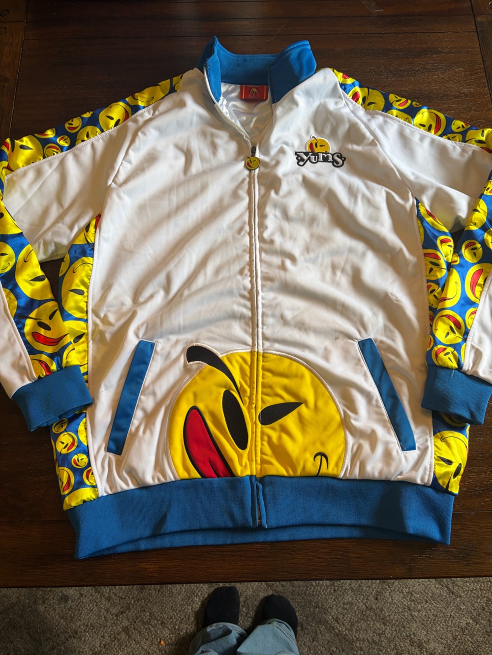 Rare Y2K YUMS Smiley Face Track Jacket Full Zip White Blue Yellow XL